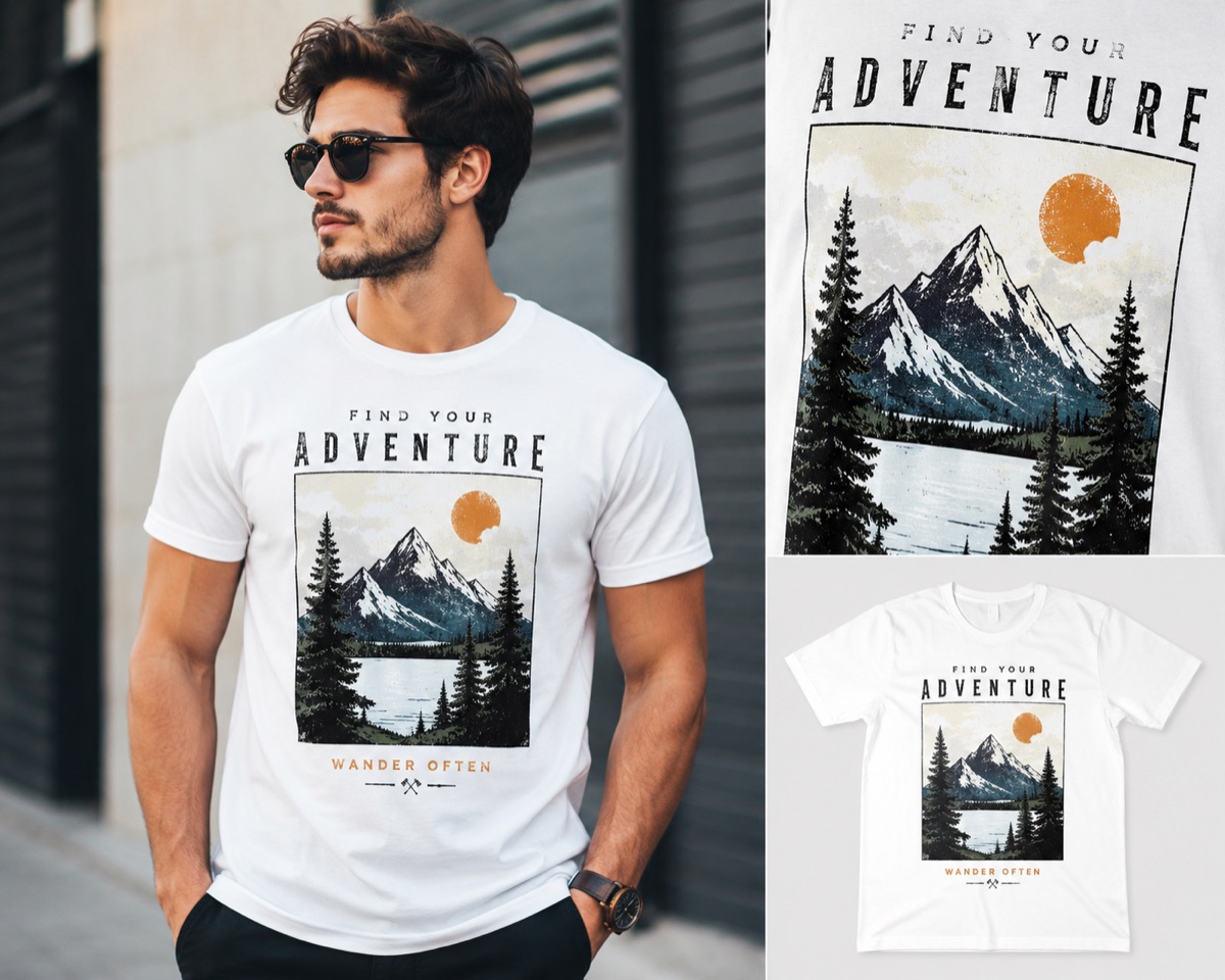 A model wearing a custom-printed t-shirt — a generated product mockup